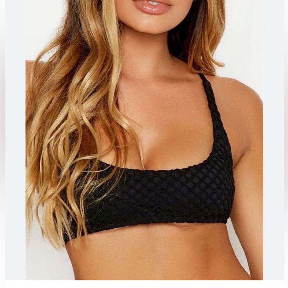 Ris-K Swim Fishnet Bikini Top NWT Black size L pull on style adjustable straps